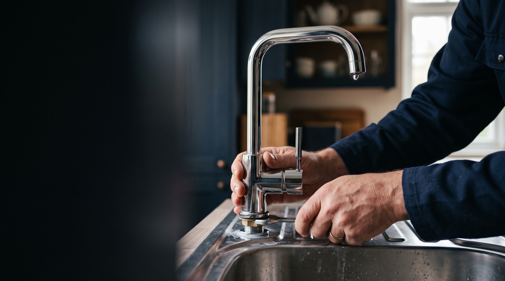 A JF plumber fitting a new chrome kitchen mixer tap in a Wirral home